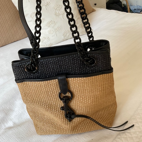 Rebecca Minkoff Edie Large Bucket Bag NWT Natural Woven Straw with Black Trim - Picture 8 of 12